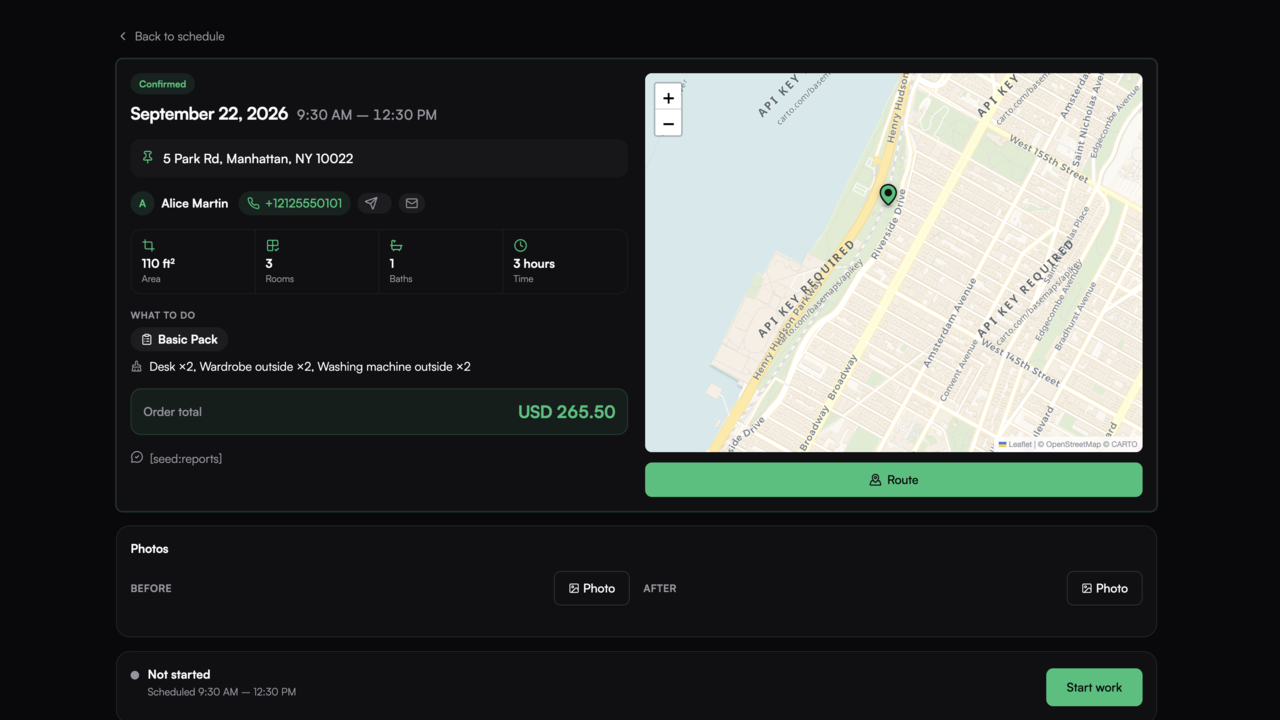 Dark Cleaner Portal order details with a fully loaded map, route button, confirmed status, customer contact actions, and property details