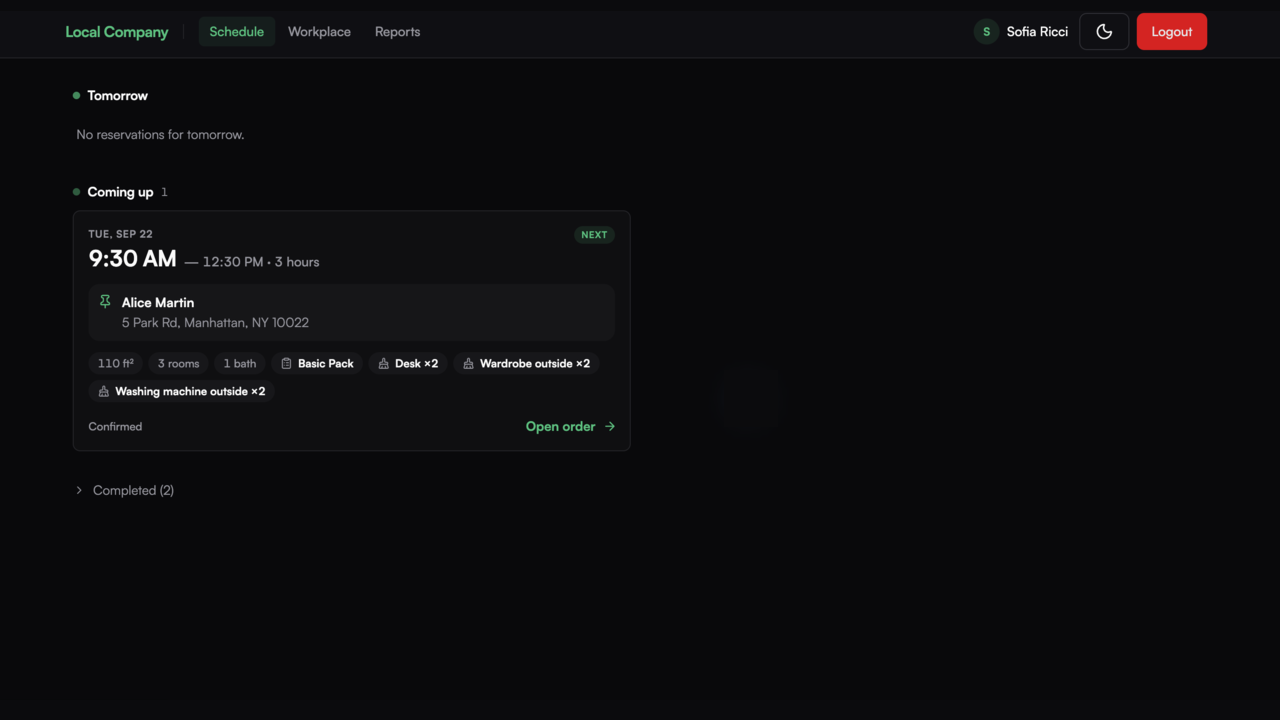 Cleaner Portal Schedule showing an upcoming confirmed reservation