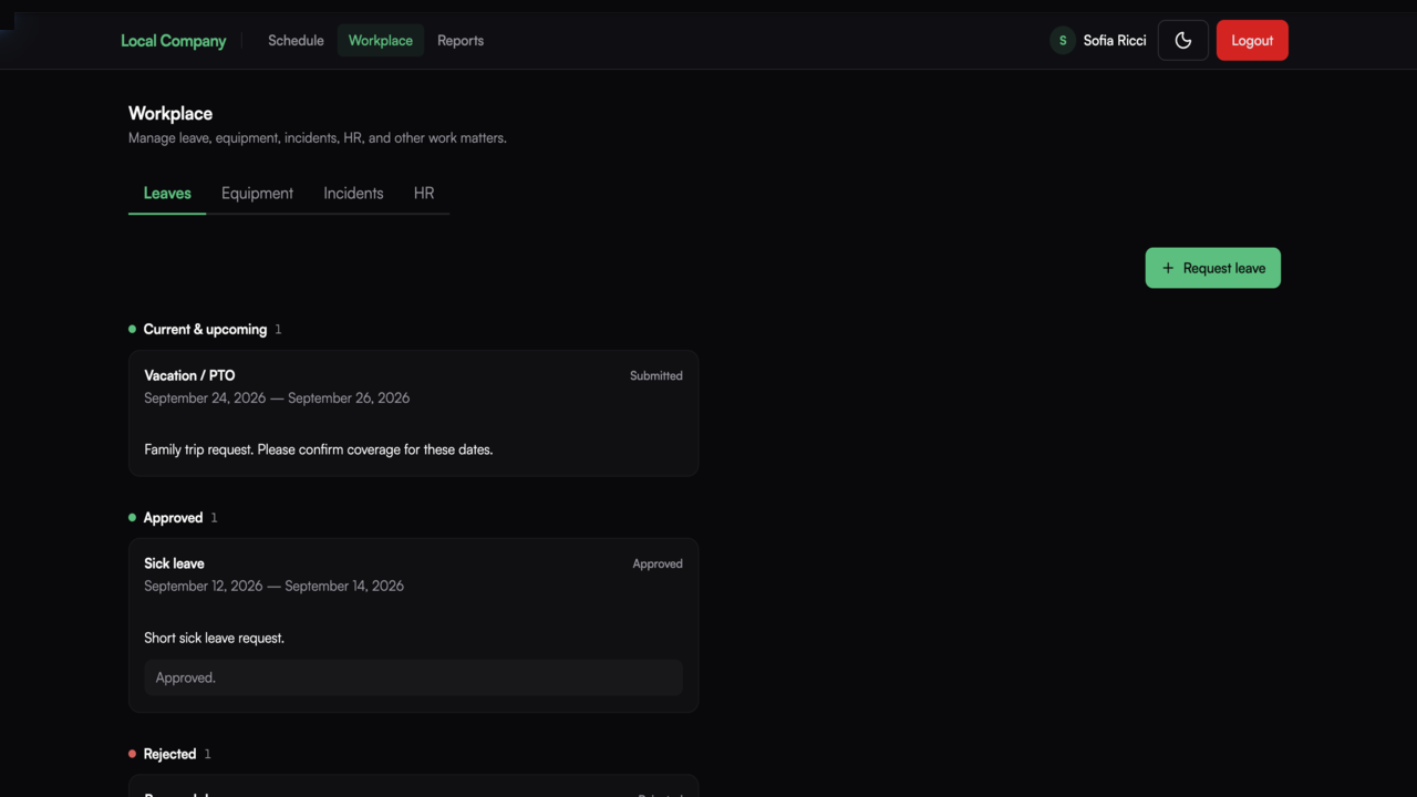 Dark Cleaner Portal Workplace screen with Leaves, Equipment, Incidents, HR, Request leave, and leave requests in submitted, approved, and rejected states