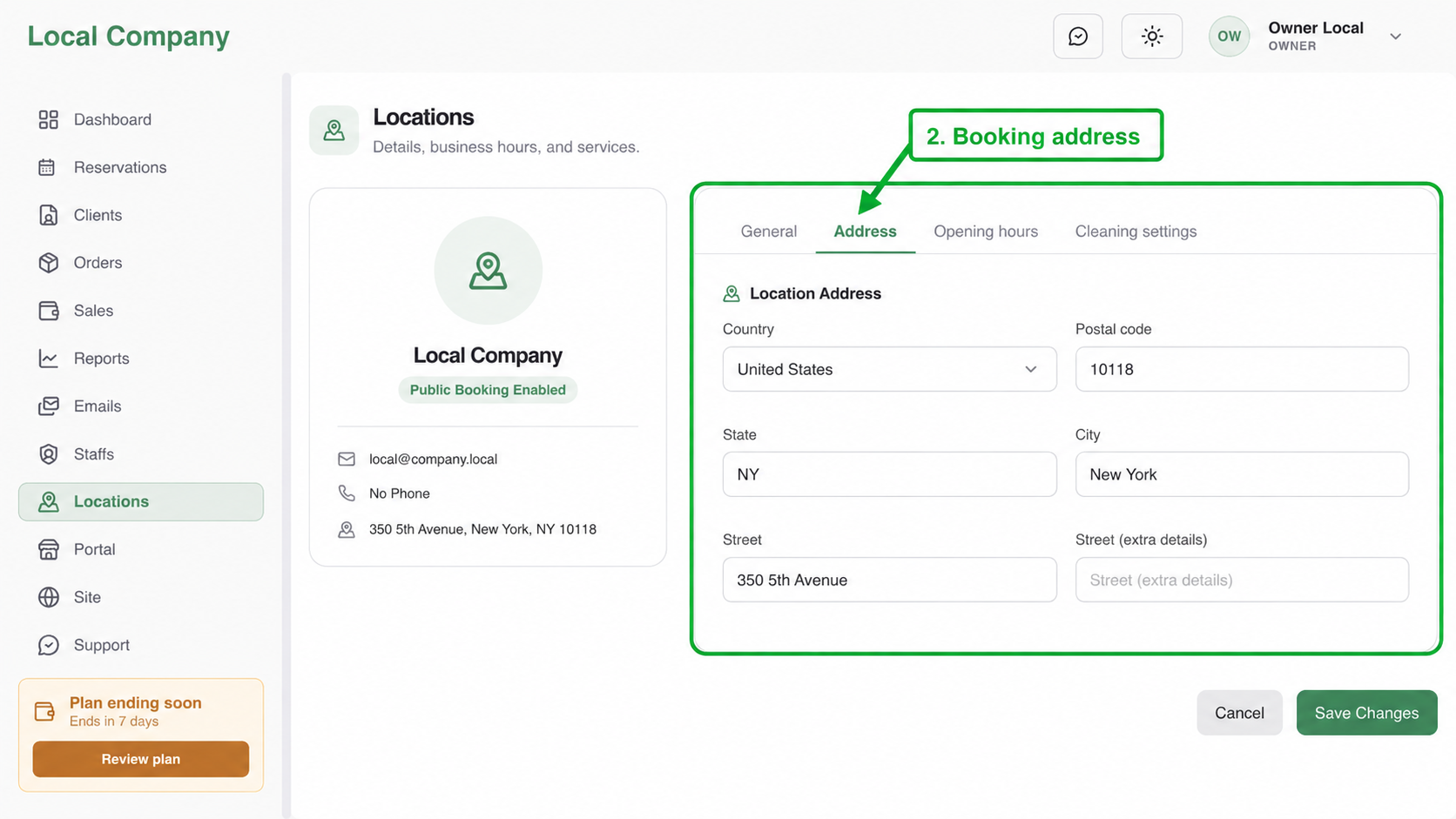 Location settings with the Address tab and booking address form highlighted