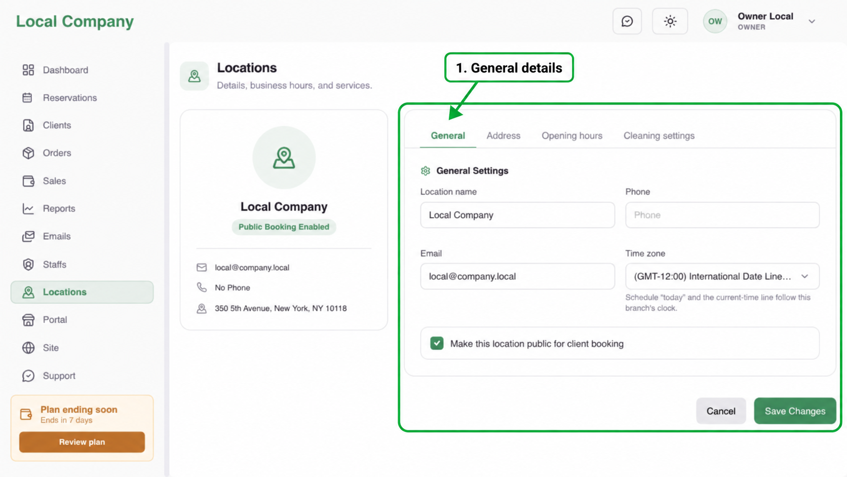 General location settings for the owner setup