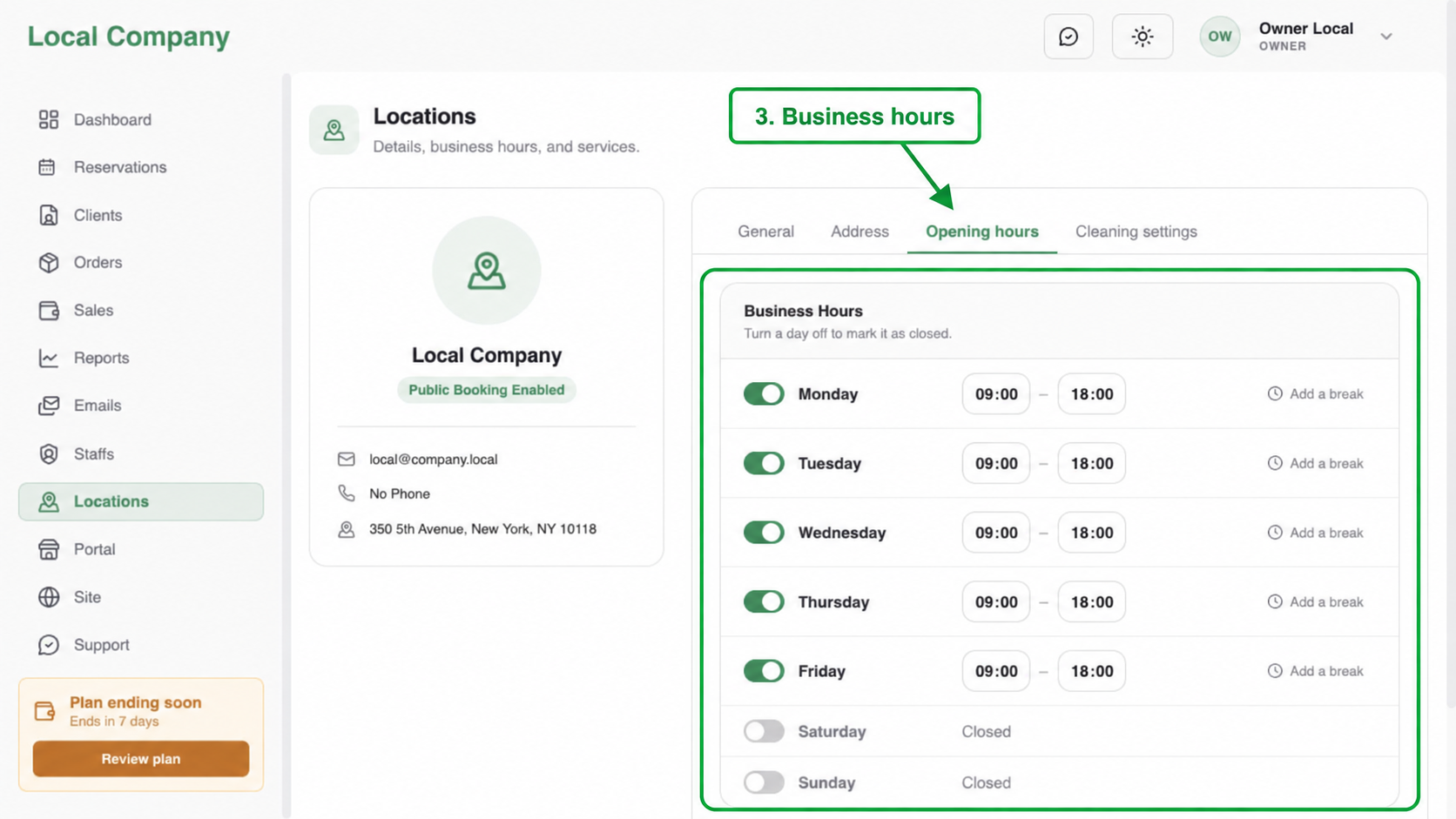 Location settings with the Opening hours tab and weekly schedule highlighted