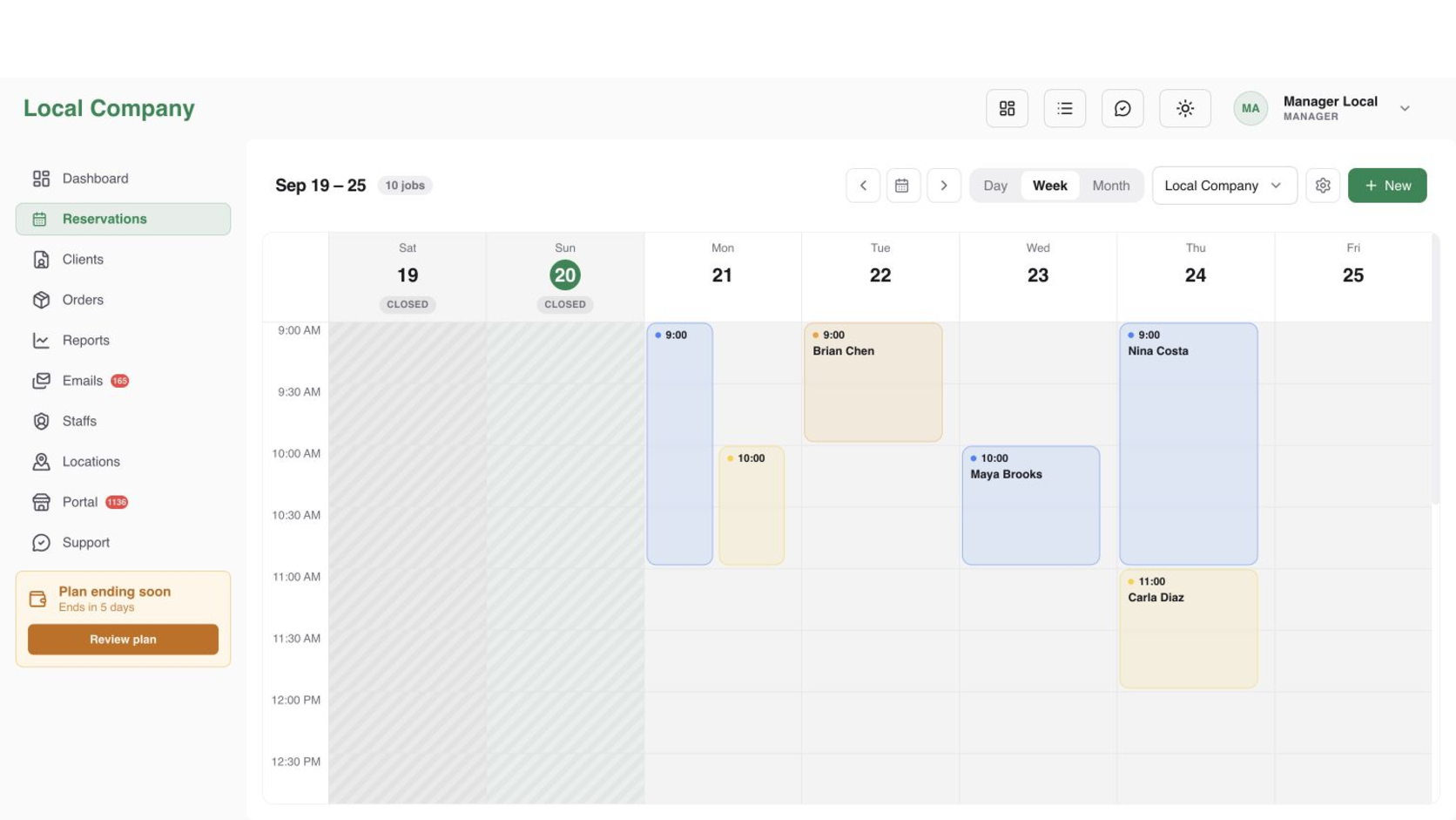 Manager Reservations calendar showing weekday jobs and closed weekend dates