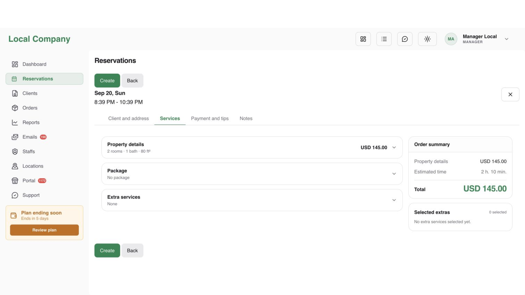 New reservation Services tab with editable property details, package, extra services, estimated time, and total