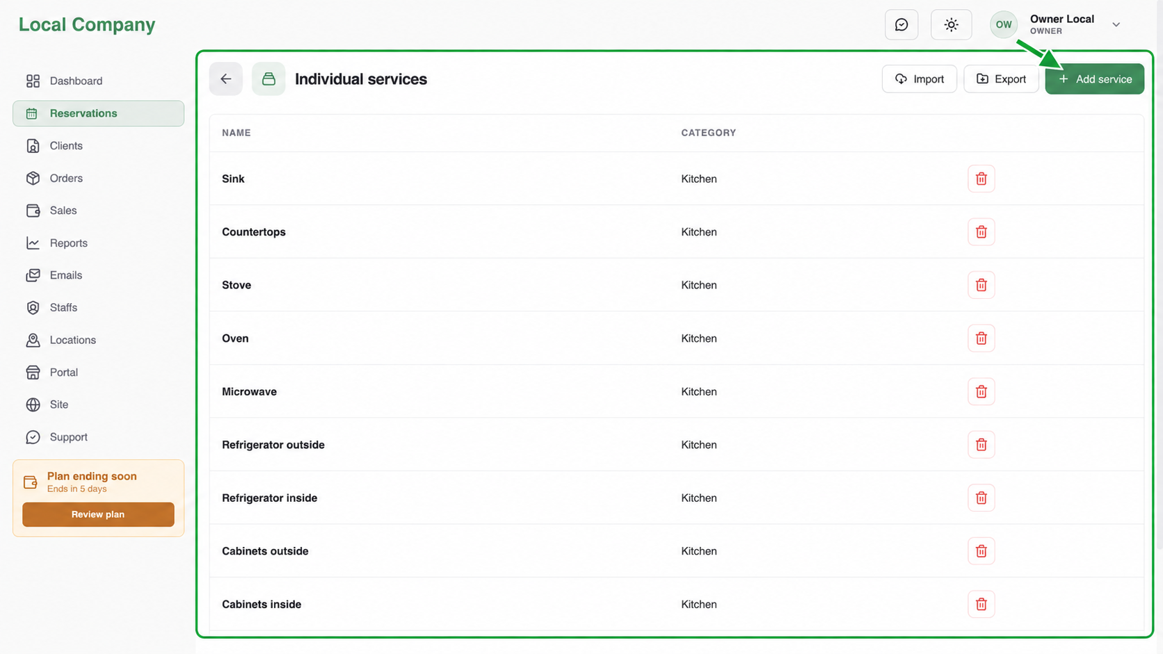 Individual service pricing settings