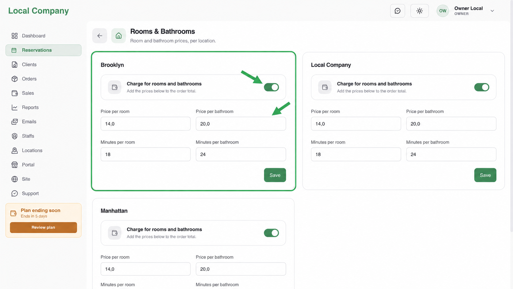 Configure rooms and bathrooms pricing settings highlighted in Tidy24