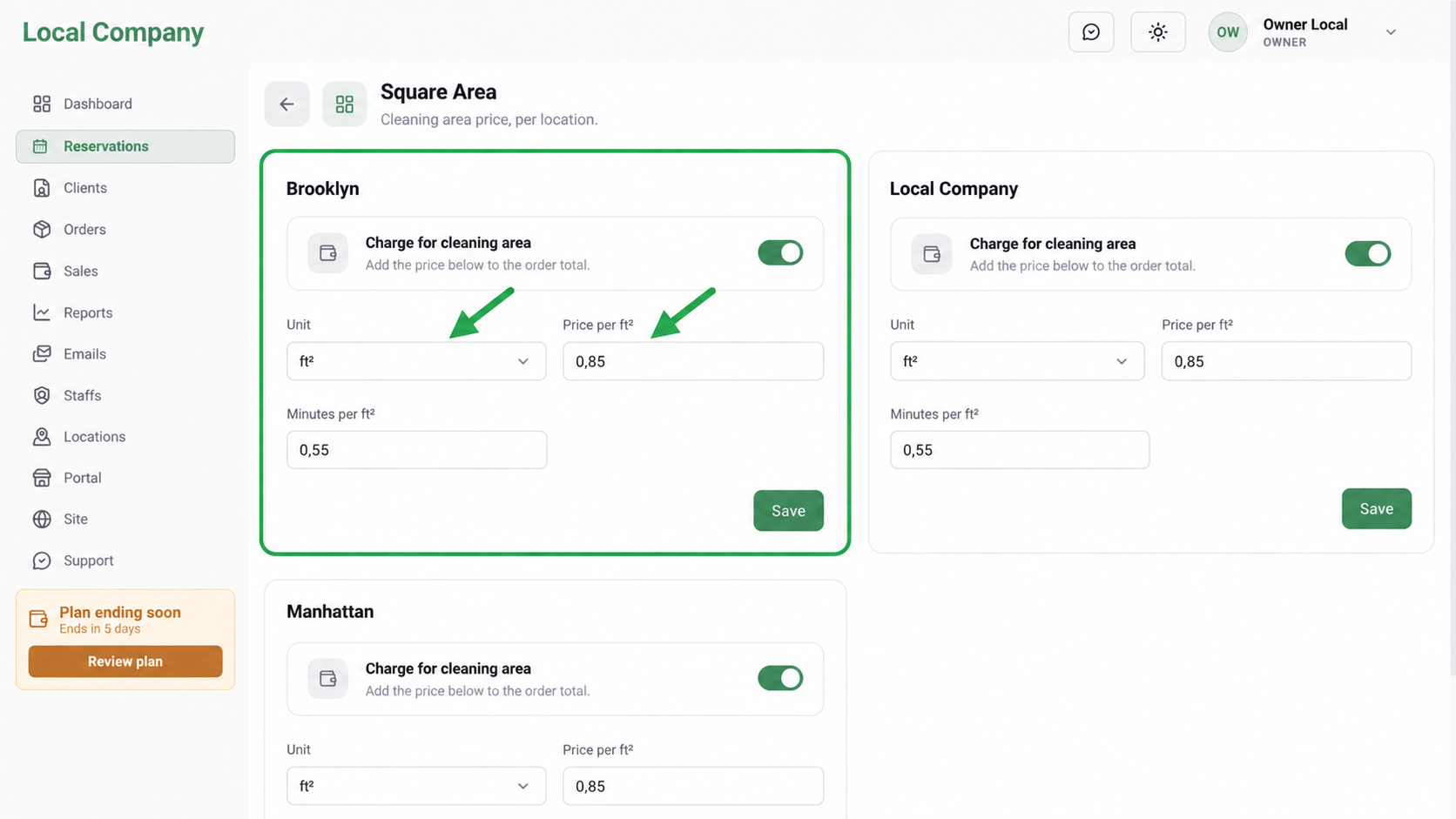 Configure square-area pricing settings highlighted in Tidy24