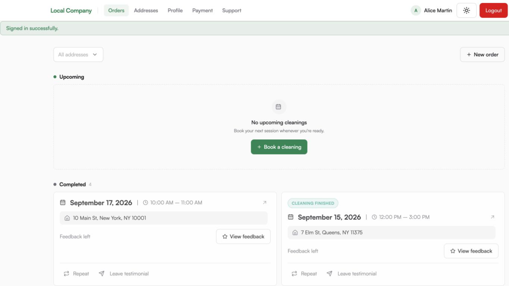 Customer profile with completed reservations and Repeat actions