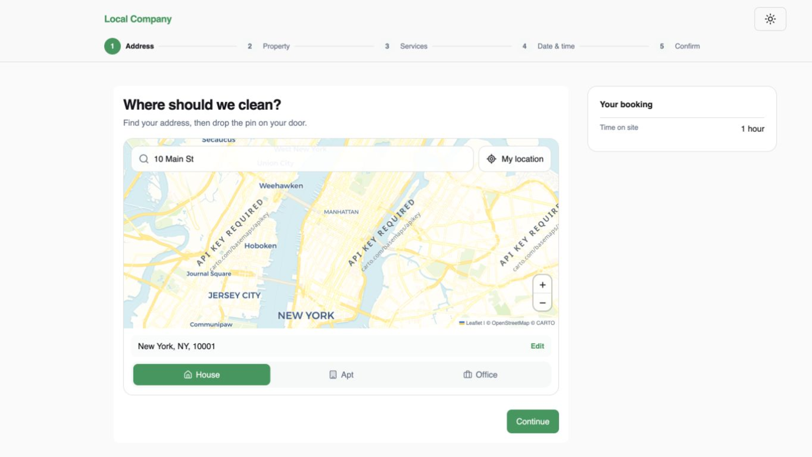 Repeat booking wizard showing the carried-over address and property type